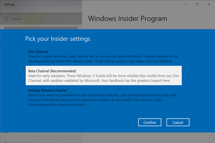Opsi Beta Channel memungkinkan pengguna untuk mendaftarkan diri dalam program pengujian Windows 11 versi beta.