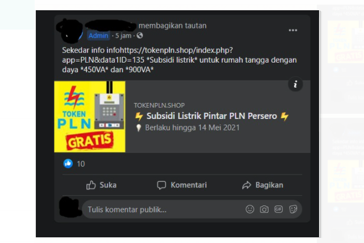 Tangkapan layar ungghan soal adanya subsidi listrik disebut berasal dari PLN.