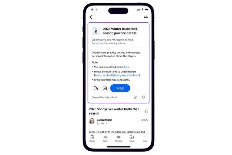 Fitur AI yang bisa merangkum dan memberikan opsi aksi cepat di Yahoo Mail.