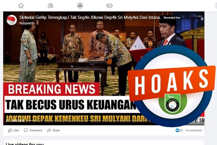 Tangkapan layar Facebook narasi yang menyebut bahwa Presiden Jokowi mencopot Sri Mulyani sebagai Menteri Keuangan