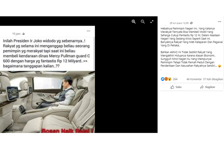 Tangkapan layar unggahan yang menyebut mobil dinas baru Presiden Joko Widodo (Jokowi) seharga Rp 12 miliar dibeli saat negara sedang mengalami krisis seperti saat ini.