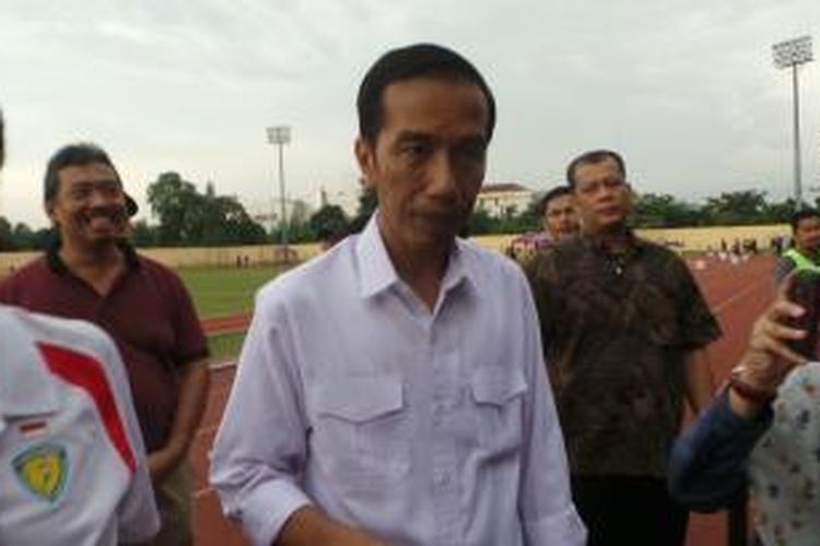 Bakal capres PDIP Joko Widodo saat berkunjung di GOR Rawamangun, Pulogadung, Jakarta Timur. Sabtu (17/5/2014).