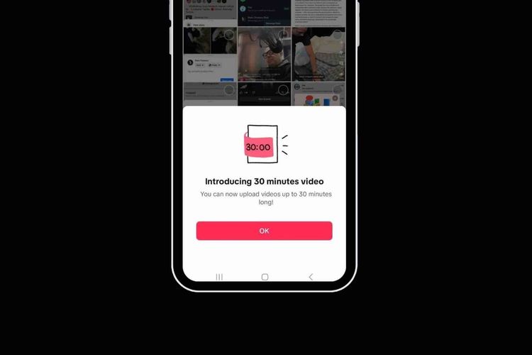 Ilustrasi jendela pop-up yang menginformasikan bahwa pengguna sudah bisa mengunggah video berdurasi 30 menit di TikTok.