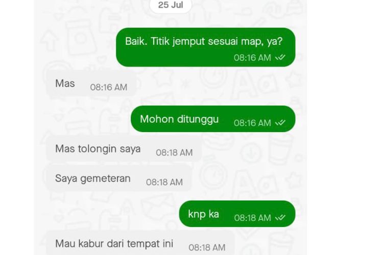 Isi chat pengemudi ojek online Ahmad dengan penumpangnya Gira yang meminta tolong untuk diselamatkan dari ruko yang diduga menjadi sarang penipuan pencari kerja di Grand Central Galaxy, Bekasi Selatan. 