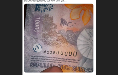 Tangkapan layar twit yang menampilkan foto uang baru Rp 10.000 dengan nomor seri unik.