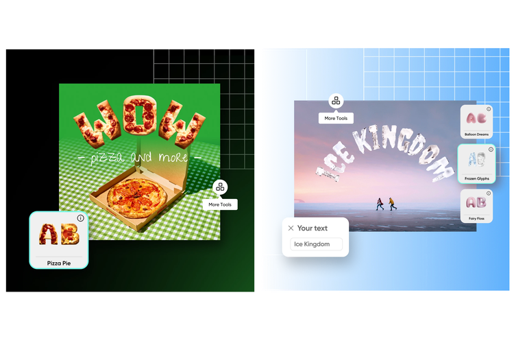 PicsArt Ignite juga memiliki tools AI text style untuk mendapatkan font yang unik seperti bentuk pizza.