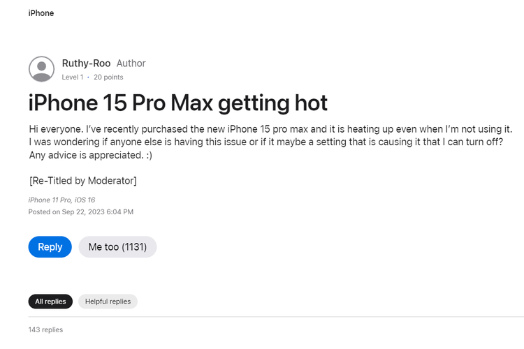 Keluhan pengguna iPhone 15 Pro Max di forum Apple