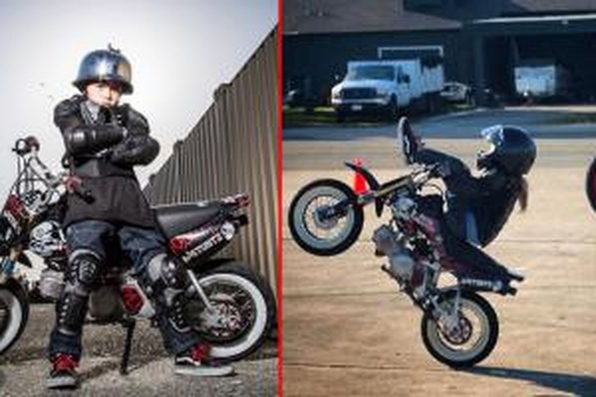 “Bocah ajaib” asal California, Amerika Serikat, AJ Heinicke, jago beraksi menggunakan sepeda motor.