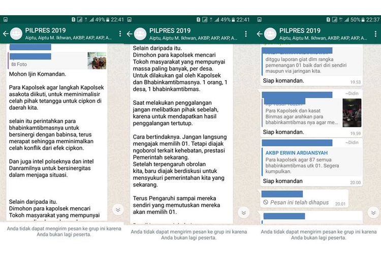 Tangkapan layar grup WhatsApp yang diduga berisi anggota kepolisian mendukung salah satu paslon capres di Pemilu 2019