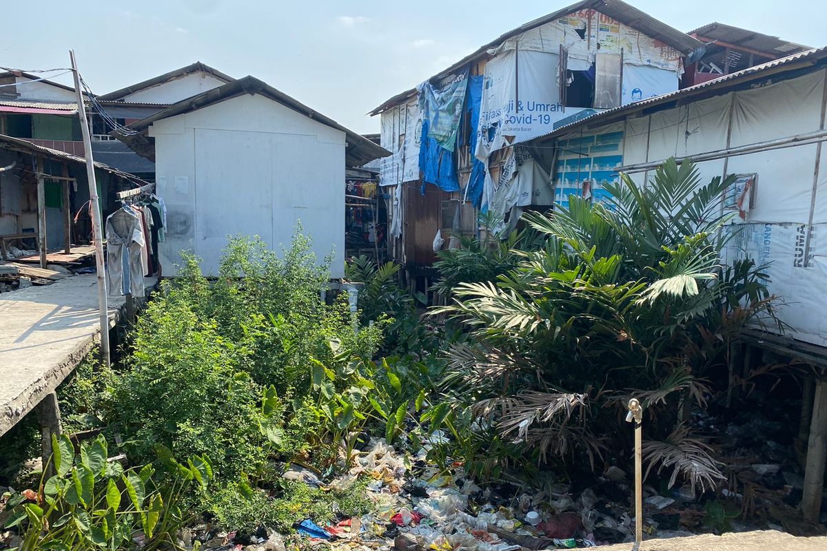 Kondisi rumah panggung di RT 17/RW 04, Kapuk Muara, Penjaringan, Jakarta Utara yang dikolongnya dipenuhi dengan sampah. 