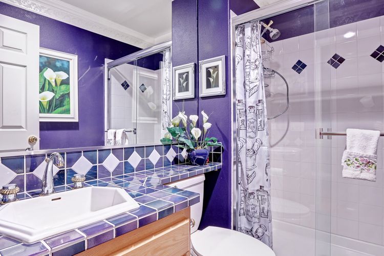 Ilustrasi kamar mandi dengan cat interior warna ungu. 