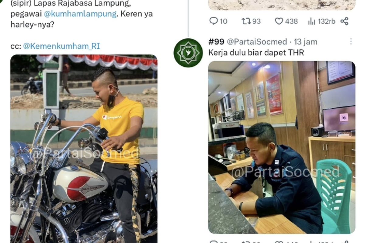 Kolase foto bidik layar unggahan akun Twitter terkait sipir penjara yang melakukan flexing di media sosial.
