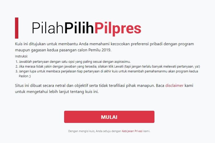 Kuis PilahPilihPilpres.com memudahkan masyarakat untuk membantu mengukur seberapa cocoknya dengan pendirian masing-masing paslon.