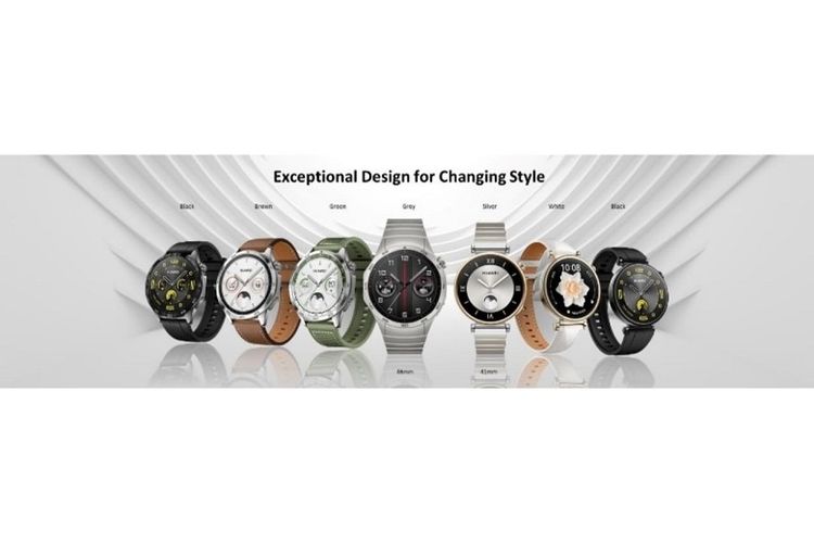HUAWEI WATCH GT 4 yang penuh gaya dalam ukuran 46mm hadir dalam empat warna: Hitam dengan Strap Fluoroelastomer Hitam, Coklat dengan Strap Kulit Coklat, Hijau dengan Strap Woven Hijau, dan Abu-abu dengan Strap Stainless Steel Tahan Karat Terintegrasi. Sedangkan 41mm hadir dalam tiga warna: Perak dengan Strap Kunci Piano Dua Warna, Putih dengan Strap Kulit Putih, Hitam dengan Strap Fluoroelastomer Hitam. 