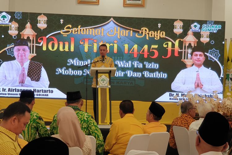 Mantan Wakil Gubernur Sumut Musa Rajekshah saat menyampaikan kata sambutan di acara halal bihalal halal DPD Partai Golkar Sumut di Jalan Sudirman, Kota Medan, Sabtu (27/4/2024)