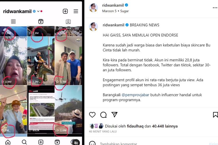  Mantan Gubernur Jawa Barat Ridwan Kamil mulai membuka endorse di akun media sosialnya, Jumat (8/9/2023).