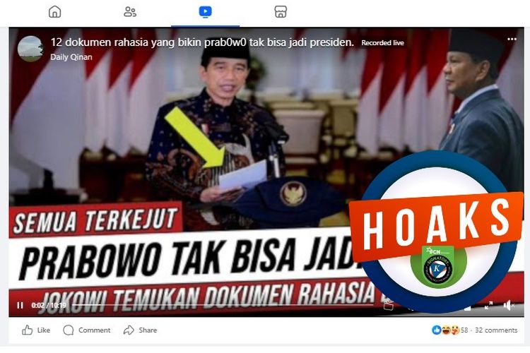 Tangkapan layar Facebook narasi yang menyebut Jokowi menemukan 12 dokumen rahasia yang membuat Prabowo tidak bisa menjadi presiden