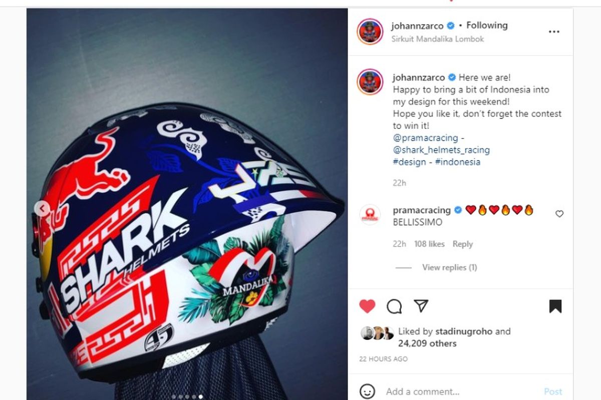 Desain helm spesial milik Johann Zarco untuk balapan di Sirkuit Mandalika, terdapat unsur-unsur Indonesia