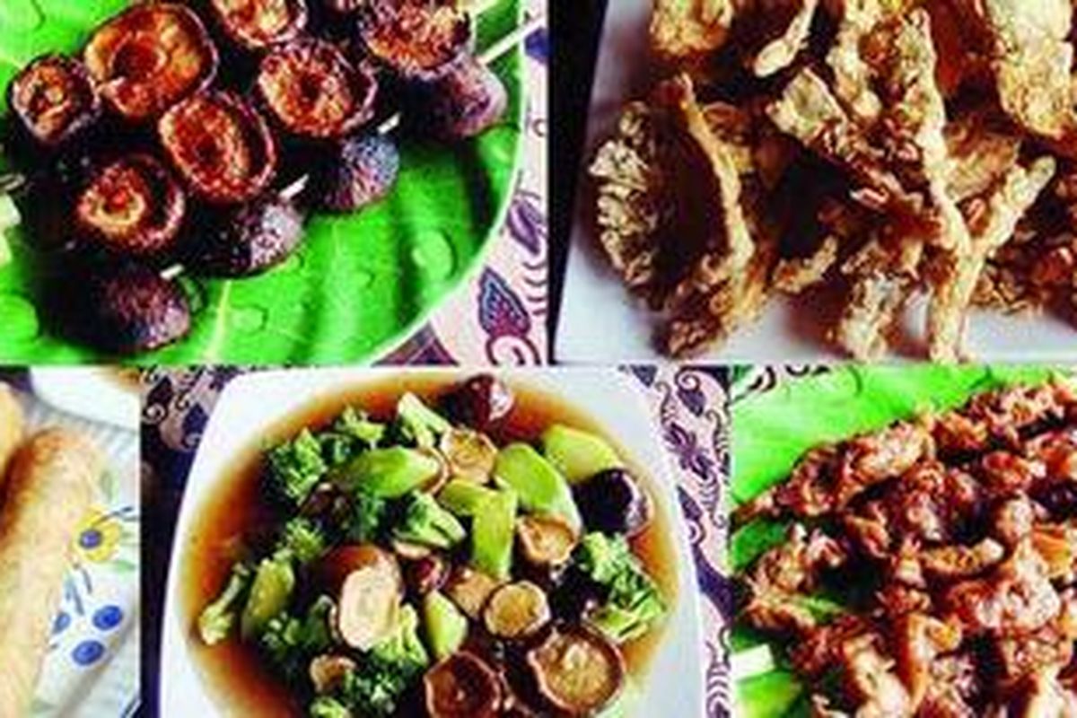 Sate jamur shiitake, jamur tiram goreng tepung, sate jamur tiram, brokoli cah jamur shiitake, lumpia jamur.