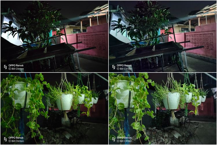 Hasil foto kamera utama 64 MP (f/1.7) di Reno6 mode normal (kiri) dan mode Ultra Dark (kanan).
Bisa dilihat, dua foto mode malam yang berada di sebelah kanan tampil lebih terang dibanding foto mode normal yang berada di sebelah kiri. Hal ini karena mode Ultra Dark akan mengambil beberapa foto dan menggabungkannya, supaya hasilnya bisa terang dan memiliki detail yang bagus. 
Namun, untuk memotret dengan mode Ultra Dark, pengguna harus membiarkan ponsel memotret selama kurang lebih 5 detik, supaya hasilnya maksimal dan tidak buram. 