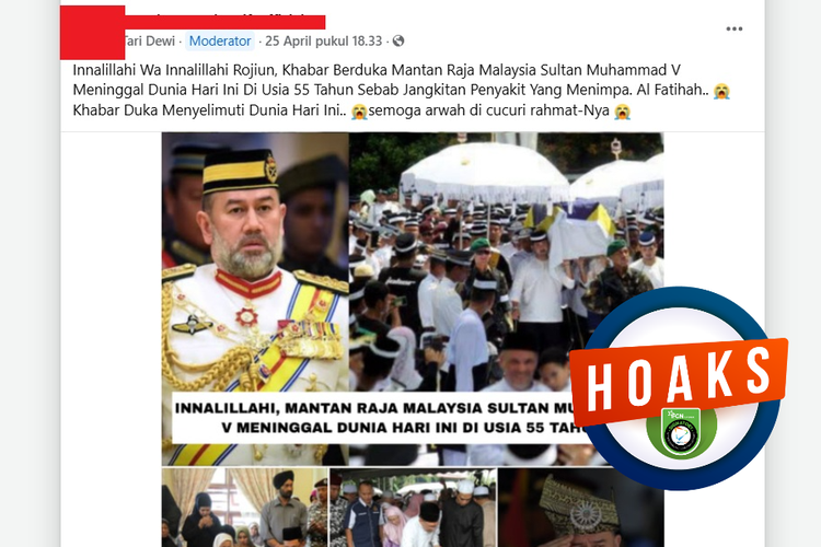 Tangkapan layar Facebook narasi yang mengeklaim mantan Raja Malaysia Sultan Muhammad V