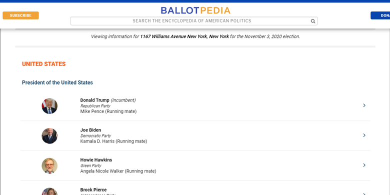 Contoh ballot New York City 2020. Terlihat daftar Calon Presiden yang bisa dipilih.