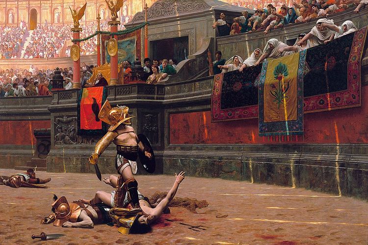 Ilustrasi pertarungan gladiator pada masa Romawi Kuno.