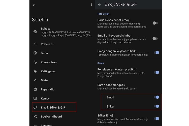 Ilustrasi mengaktifkan fitur saran emoji dan stiker di Gboard.