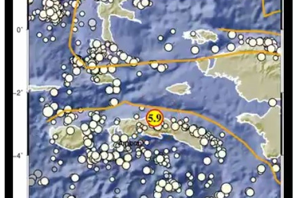 Gempa bumi M 5,9 guncang Laut Seram, Maluku Tengah. Gempa tektonik ini berpusat di laut dan sudah terjadi 3 kali gempa susulan.