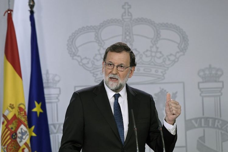 Perdana Menteri Spanyol Mariano Rajoy saat jumpa pers pada 21 Oktober 2017 di Madrid, Spanyol. 
