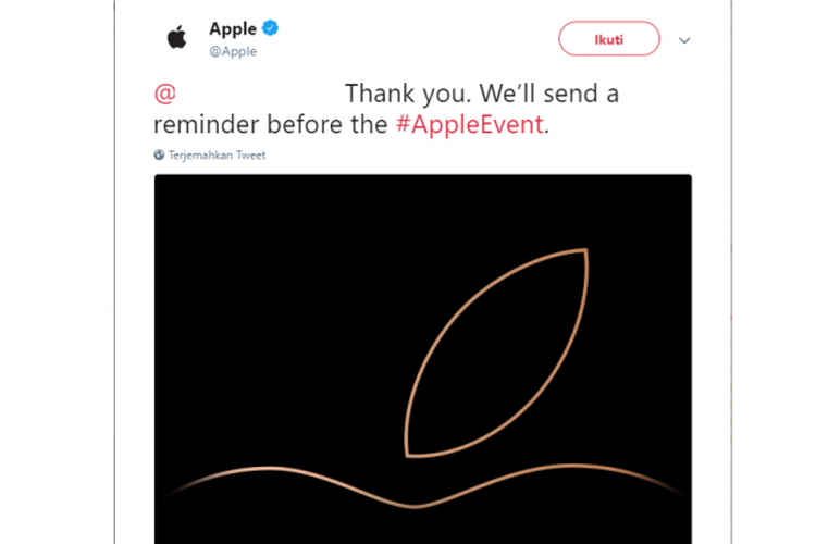 Tangkapan layar balasan Apple untuk menyaksikan #AppleEvent di live Twitter