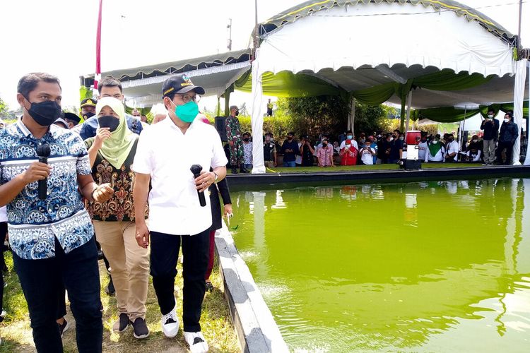 Menteri Desa Pembangunan Desa Tertinggal dan Transmigrasi Abdul Halim Iskandar meninjau inovasi kolam ikan koi di Desa Kemloko, Kecamatan Nglegok, Kabupaten Blitar, Minggu (17/10/2021)