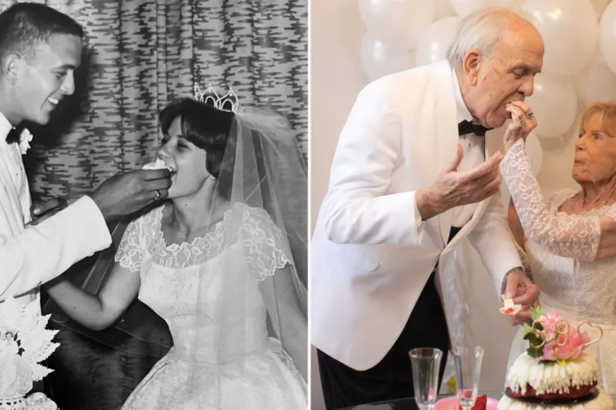 Karen dan Gary Ryan saat hari pernikahan mereka di bulan Juli 1962 (kiri), dan foto terbaru (kanan) yang mereka momen pernikahan mereka 59 tahun silam.  