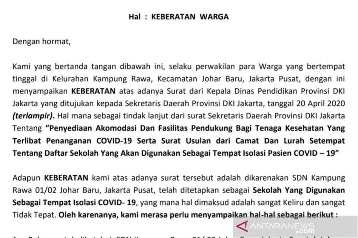 Tangkapan layar potongan salinan surat keberatan Warga Kampung Rawa yang dikirimkan kepada Gubernur DKI Jakarta Anies Baswedan mengenai penggunaan sekolah sebagai lokasi penanganan COVID-19. 