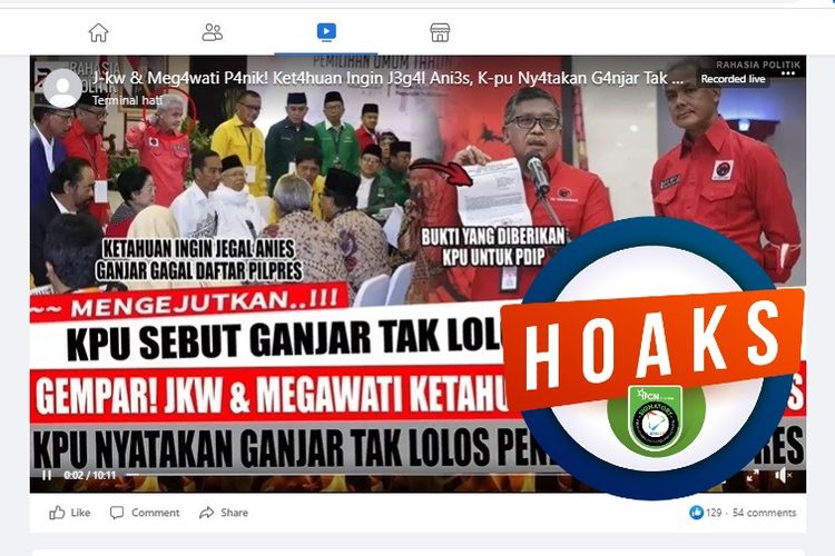Tangkapan layar Facebook narasi yang menyebut KPU menyatakan bahwa Ganjar Pranowo tidak lolos pendaftaran capres