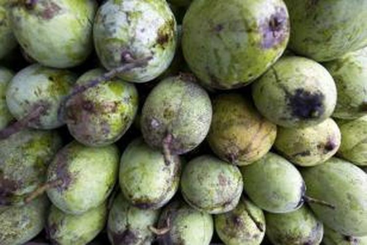 Susunan buah mangga yang terdapat pada sebuah toko di Jalan Baru, Indramayu, Jawa Barat, Jumat (26/7/2013). Berbagai jenis mangga seperti gedong, arum manis dan golek menjadikan buah ini oleh-oleh khas daerah Indramayu. 