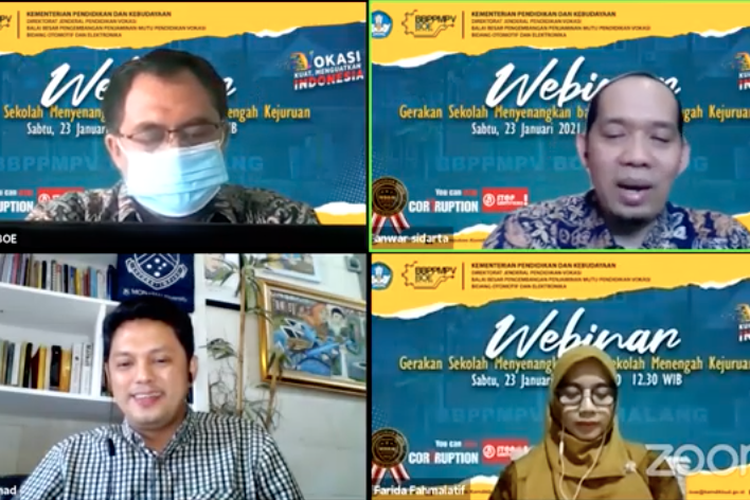 Webinar Gerakan Sekolah Menyenangkan bagi Sekolah Menengah Kejuruan yang digelar Balai Besar BBPPMPV BOE Ditjen Vokasi Pendidikan Vokasi dan Gerakan Sekolah Menyenangkan pada 23 Januari 2021.