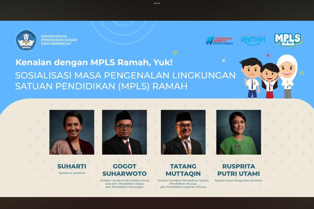Tangkapan layar sosialisasi Masa Pengenalan Lingkungan Sekolah (MPLS) Ramah yang digelar di kanal YouTube Kemendikdasmen, Selasa (872025). 