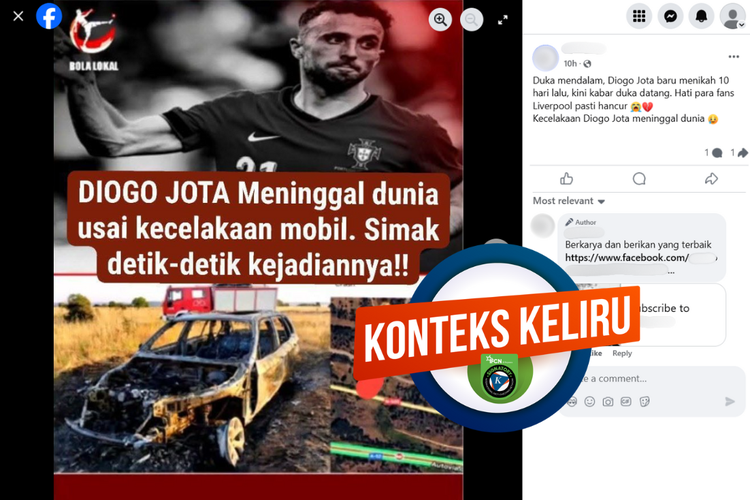 Tangkapan layar konten hoaks di sebuah akun Facebook, Jumat (4/7/2025), menampilkan foto mobil Diogo Jota yang mengalami kecelakaan.