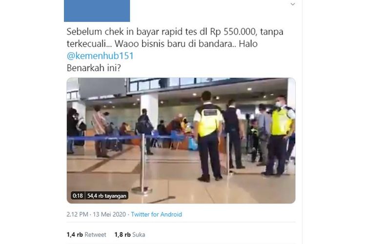Tangkapan layar twit viral mengenai pemeriksaan rapid tes di bandara