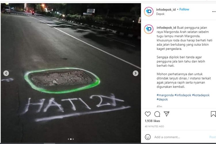 Lubang pada Jalan Margonda Raya, Depok, yang membahayakan