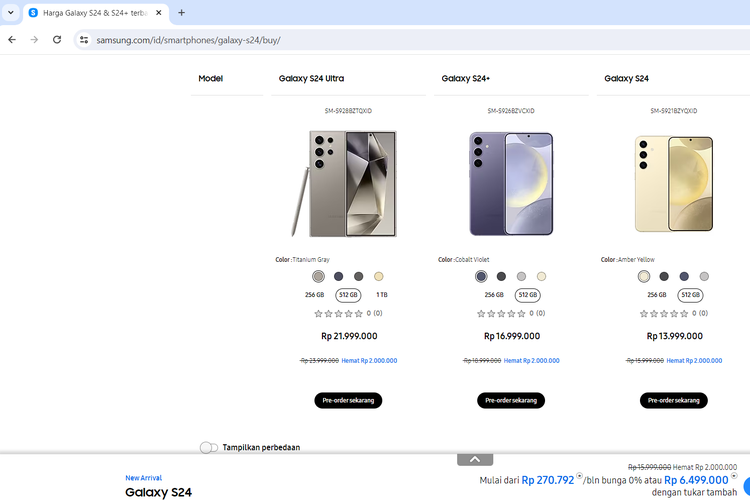 Halaman pre-order Samsung S24, S24 Plus, dan S24 Ultra di situs Samsung Indonesia