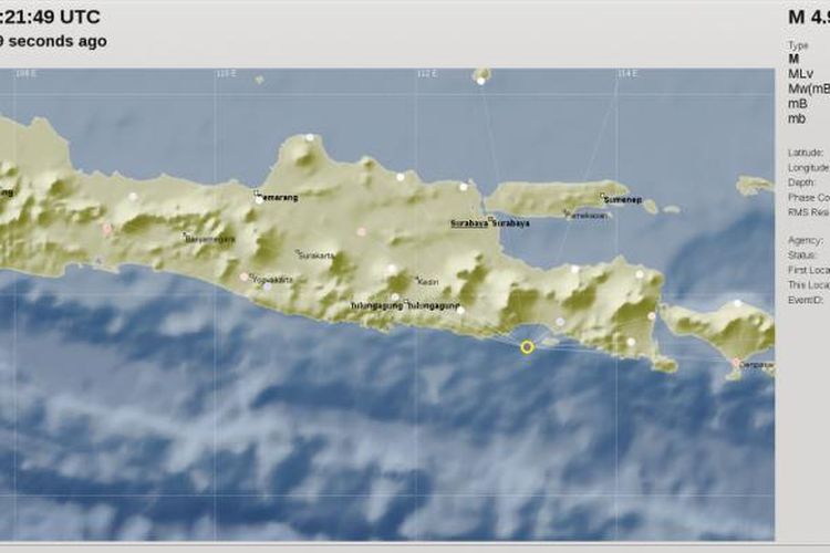 Peta gempa yang terjadi di laut selatan Jawa Timur, Rabu (8/2/2017) (BMKG)