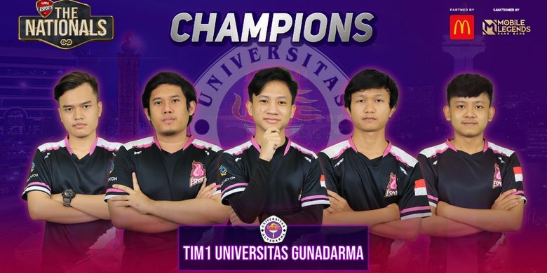 Member dari tim Universitas Gunadarma (UG)-1 yang berhasil menjadi juara LIMA eSports Nationals 2020 seusai mengalahkan Universitas Bina Nusantara (Binus)-1 pada partai final. 
