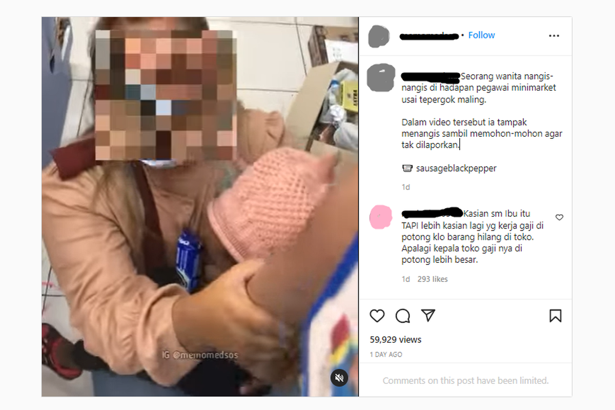 Tangkapan layar unggahan perempuan yang ketahuan mencuri di Indomaret Malang pada Jumat (14/1/2022).