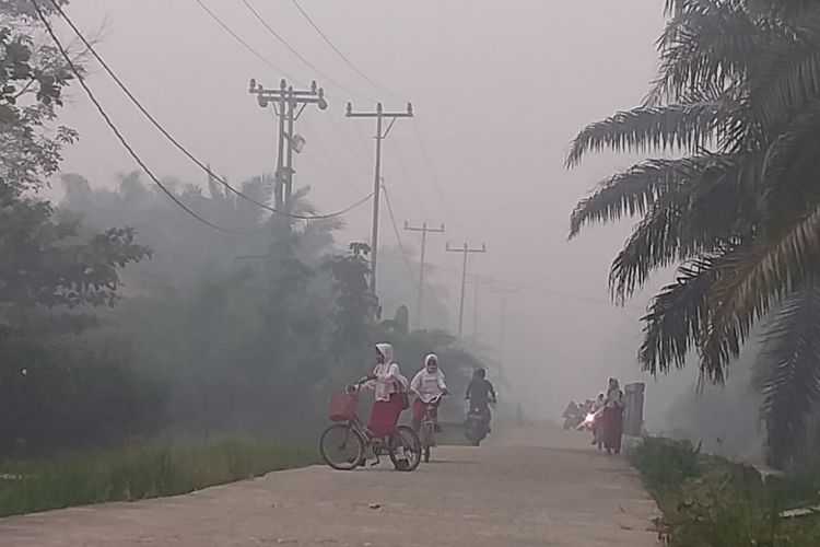 Sejumlah orang anak sekolah dasar di Kelurahan Terkul, Kecamatan Rupat, Bengkalis, Riau, berangkat ke sekolah dalam kondisi diselimuti kabut asap tebal, sebelum mereka diliburkan, Senin (25/2/2019). Anak sekolah tetap bersemangat menuju sekolahnya untuk menuntut ilmu, meski setiap pagi menghadang kabut asap. 
