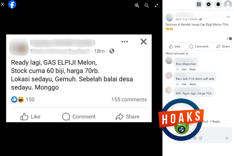 Tangkapan layar konten hoaks di sebuah akun Facebook, Sabtu (13/4/2024), soal elpiji 3 kg di Kendal seharga Rp 70.000.
