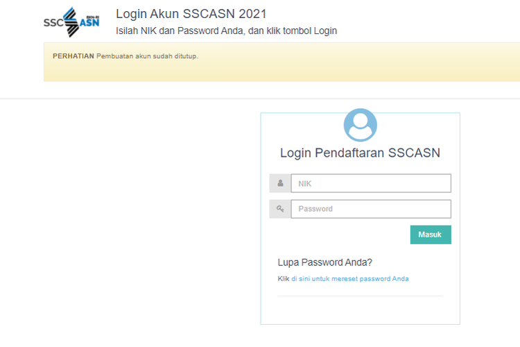 Tangkapan layar portal SSCASN saat login akun SSCASN.