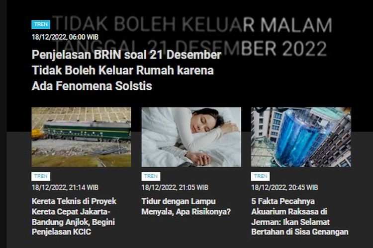  Berita terpopuler Tren hingga Senin (19/12/2022) terkait ramai unggahan sebut 21 Desember 2022 tidak boleh keluar malam karena fenomena Solstis.