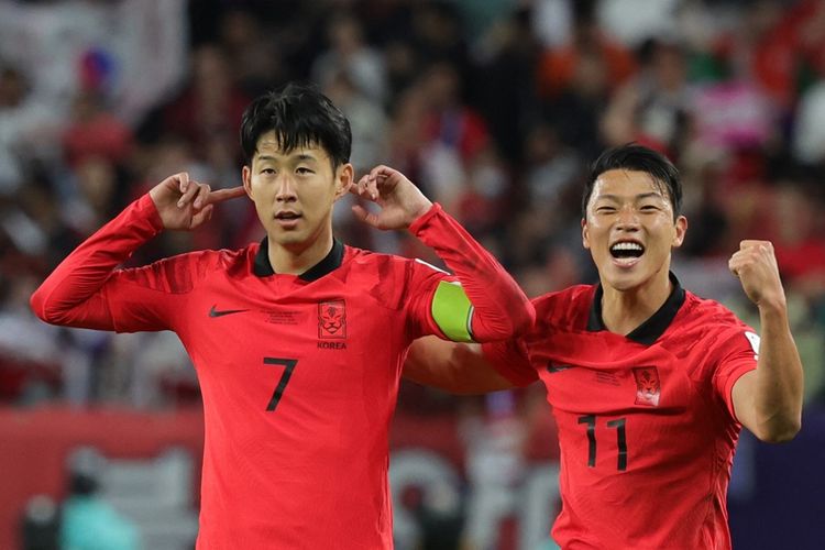 Son Heung-min merayakan golnya dalam pertandingan Australia vs Korea Selatan pada perempat final Piala Asia 2023 di Stadion Al Janoub, Doha, Qatar, Jumat (2/2/2024). (Photo by Giuseppe CACACE / AFP)